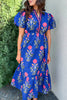 Blue Floral Puff Short Sleeve V Neck High Waist Maxi Dress