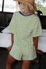 Green Stripe Drop Shoulder Boxy Casual Terry Short Set