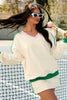Beige Ribbed Colorblock Trim V Neck Sporty Pullover Mini Skort 2pcs Athleisure Set