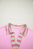 Pink Rainbow Stripe Ribbed Patchwork Raw Seam Oversize Polo Tee