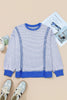 Dark Blue Waffle Knit Exposed Stitching Casual Top with Side Slits
