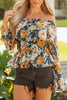 Blue Floral Off Shoulder Bell Sleeve Smocked Peplum Top