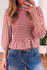 Green 3/4 Sleeve Shirred Plaid Peplum Top
