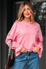 Sachet Pink Drop Shoulder Lace Ruffled Sleeve Patchwork Loose Sweatshirt