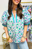 Green Floral Print Striped Trim Split V Neck Puff Short Sleeve Blouse