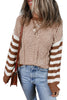 Brown Stripe Geometric Textured Drop Shoulder Sweater