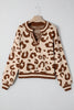 Light French Beige Leopard Printed Knit V Neck Casual Sweater