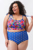 Blue Fashion Print Tied Straps Crop Vest and High Waist Plus Size Bikini