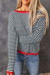 Fiery Red Contrast Trimmed Striped Drop Shoulder Sweater