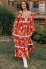 Orange Floral Print Lace Trim Patched V Neck Maxi Dress