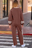 Chestnut Varsity Stripe Patchwork Puff Sleeve Pullover Drawstring Wide Leg Pant Set