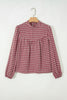 Coral Country Plaid Long Sleeve Button Keyhole Pleated Loose Blouse