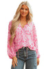 Pink Floral Puff Sleeve Split Neck Lightweight Blouse
