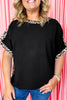 Black Plus Size Leopard Patchwork Round Neck Loose Tee