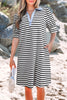Black Stripe Contrast V Neck Collared Puff Sleeve T Shirt Mini Dress with Pockets