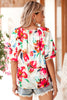 White Floral Print Puffy Half Sleeve Blouse