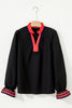 Black Striped Trim Ruffle Split Neck Long Sleeve Blouse