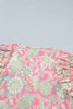 Pink Tie V Neck Floral Short Puff Sleeve Blouse
