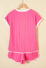 Bright Pink Textured Color Block Trim Loose Tee Drawstring Shorts 2pcs Set