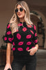 Black Rugby Print Casual Knit Short Sleeve Sweater