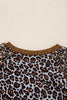 Brown Leopard Floral Print Ribbed Puff Sleeve Patchwork Loose Pullover