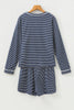 Blue Stripe Drop Shoulder Round Neck Long Sleeve Tee and Buttoned Shorts 2pcs Lounge Set