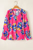 Rose Floral Pattern V Neck Balloon Sleeve Plus Size Blouse