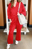 Fiery Red Polo Collar V Neck 3/4 Sleeve Pullover Drawstring Bell Bottom Pants 2pcs Set