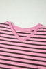 Rose Stripe Striped V-Neck Ribbed Collar Cuff Gathering Puff Sleeve Top