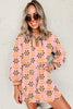 Pink Floral Print Zip Neck Striped Patchwork Long Sleeve Drawstring Dress