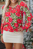 Red Floral Print Lace up V Neck Flounce Sleeve Blouse