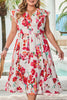 Pink Floral Print V Neck Ruffle Sleeve Plus Size Midi Dress