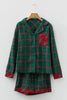 Green Plaid Contrast Patched Christmas Holiday Long Sleeve Shirt and Short 2pcs Pajama Set