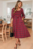 Red Tartan Plaid Square Neck Puff Sleeve Knot Waist Flared Midi Dress