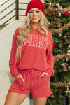 Racing Red Corded MERRY Graphic Long Sleeve Top and Shorts Set