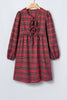 Red Plaid Tie Front Long Sleeve Short Shift Dress