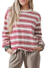 Red Stripe Dropped Shoulder Long Sleeve Casual Pullover Top