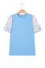 Pink Round Neck Textured Contrast Floral Bubble Sleeve Blouse