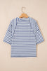 Blue Stripe Textured Knit Split Hem Half Sleeve Loose Top