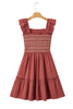Red Sandalwood Geometric Stitch Shirred Bodice Ruffled Trim Sleeveless Mini Dress