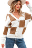 Khaki Checkered Pattern Ribbed Detail Button V Neck Sweater Cardigan