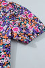 Purple Ditsy Floral Print Plaid Colorblock Trim V Neck Blouse