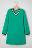 Mint Green Varsity Contrast Striped V Neck Long Sleeve T Shirt Dress with Pockets