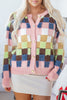 Multicolour Plush Checkered Pattern Button Front Cardigan Sweater