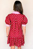 Red Floral Print Contrasted V Neck Short Bubble Sleeve Mini Dress