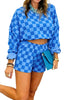 Dark Blue Plaid Checkered Long Sleeve Crop Top Elastic Waist Shorts Two Piece Set