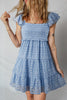 Sky Blue Floral Print Square Neck Flutter Sleeve Smocked Tiered Mini Dress