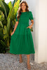 Dark Green Solid Textured Smocked Puff Short Sleeve High Waist Long Dress