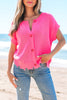 Bright Pink Distressed Hem Short Sleeve Knitted Button Front Sweater