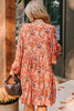 Orange Floral Print Split V Neck Bubble Sleeve Plus Size Midi Dress